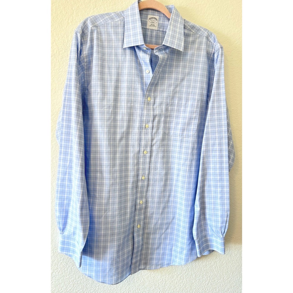 Brooks Brothers 346 Slim Fit Non Iron Cotton Blue Plaid Dress Shirt SZ 17 6/7